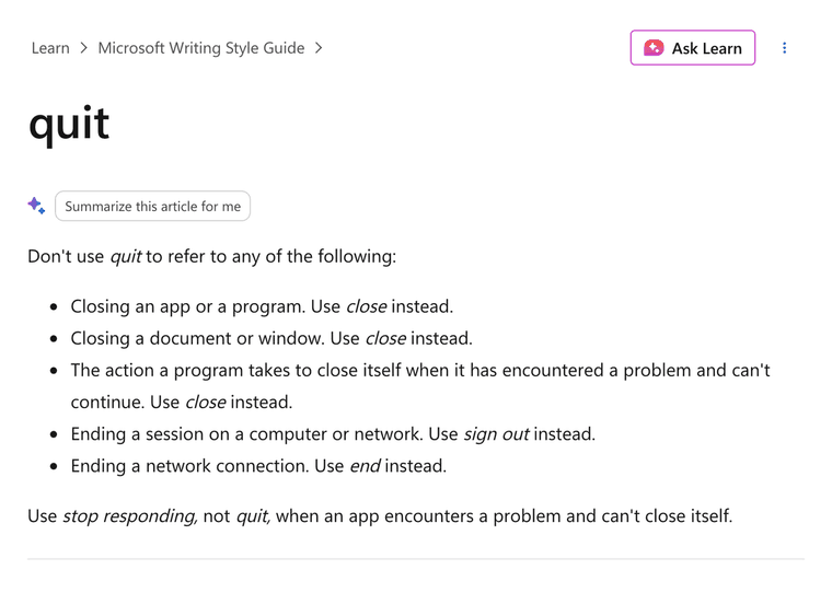 Microsoft Writing Style Guide page for the word quit, stating do not use quit for closing an app or program, closing a document or window, and to use close instead