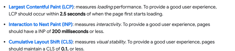 web.dev list of the three Core Web Vitals and their good thresholds: Largest Contentful Paint within 2.5 seconds, Interaction to Next Paint 200 milliseconds or less, Cumulative Layout Shift 0.1 or less