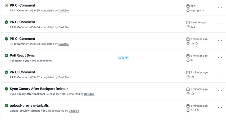 GitHub Actions workflow run list showing each run with a calendar icon and a relative time such as 2 minutes ago, and a stopwatch icon with a duration such as 22s, 1m 10s and 2m 22s