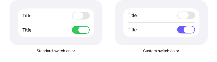 Two iOS list rows from Apple's Human Interface Guidelines: one switch off in grey, one on in the standard green, beside the same pair using a custom purple accent colour